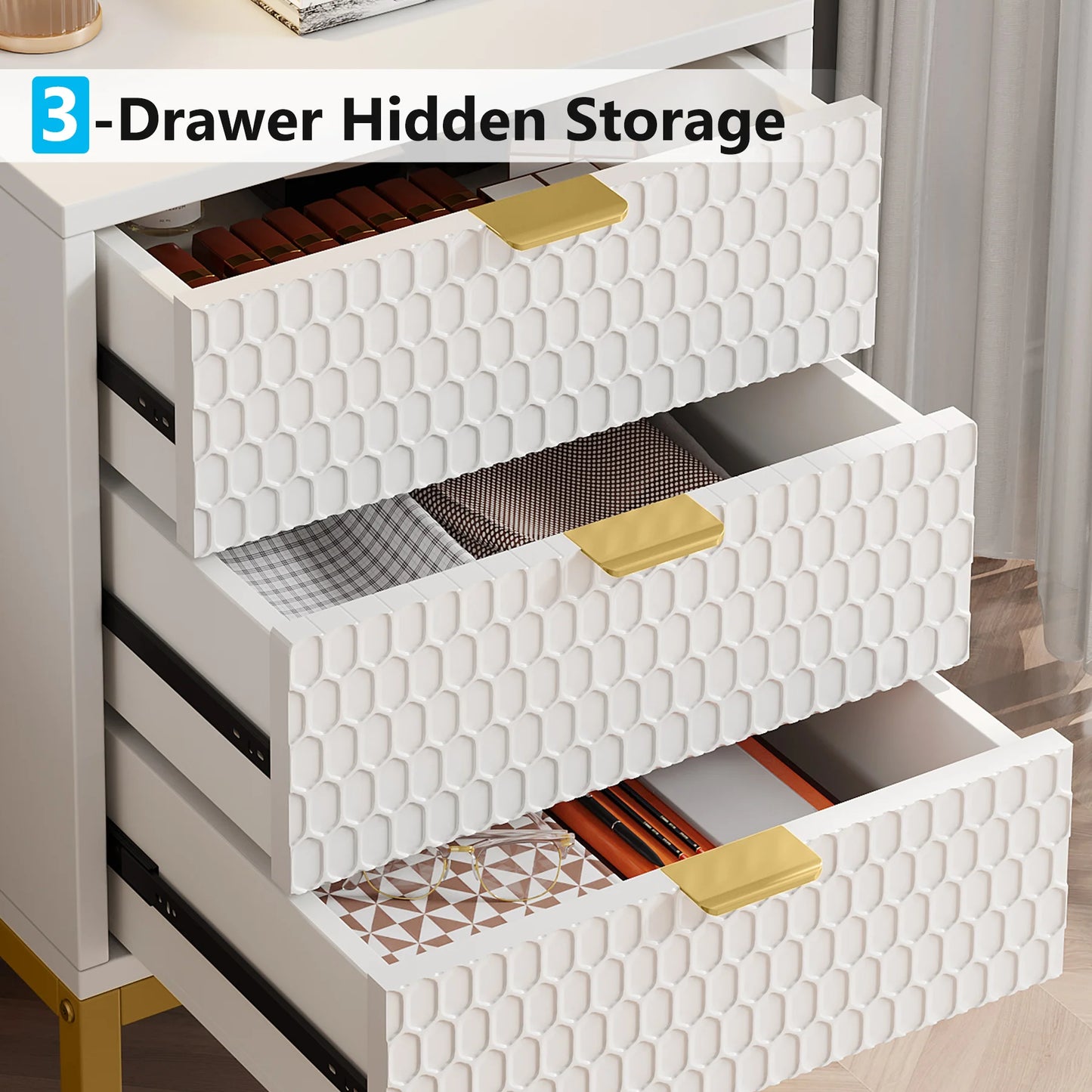 3-Drawer Bedside Nightstand Table