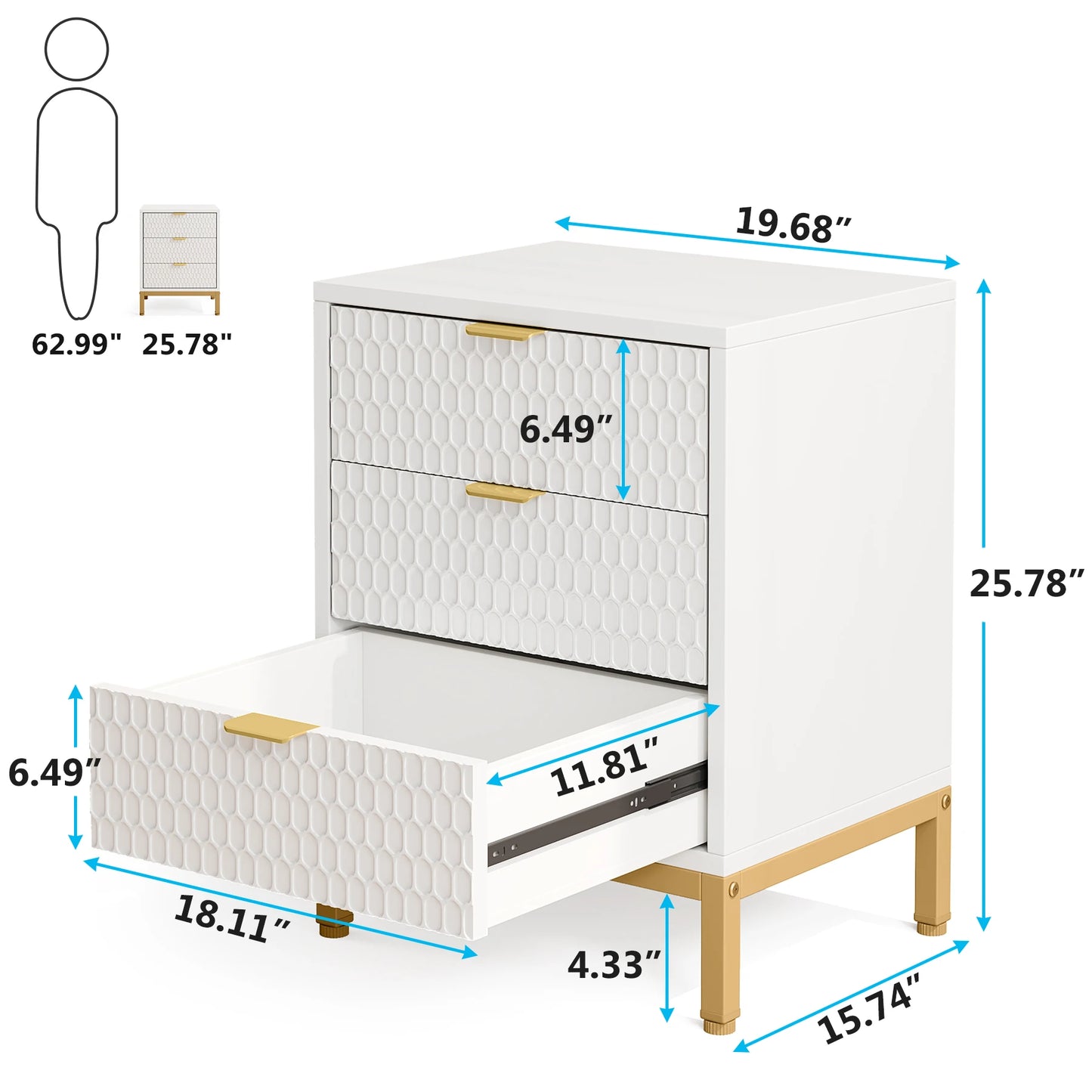 3-Drawer Bedside Nightstand Table